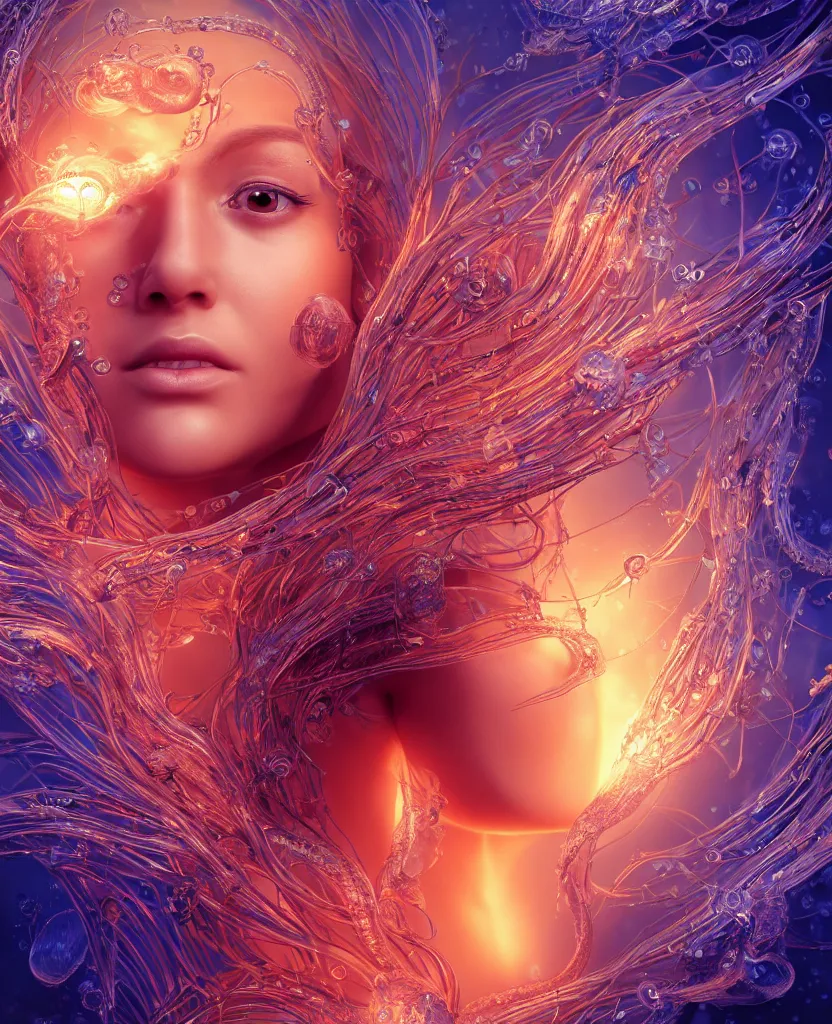 Image similar to close-up macro portrait of the face of a beautiful princess, epic angle and pose, symmetrical artwork, 3d with depth of field, blurred background, cybernetic jellyfish female face skull phoenix bird, translucent, nautilus, energy flows of water and fire. a highly detailed epic cinematic concept art CG render. made in Maya, Blender and Photoshop, octane render, excellent composition, cinematic dystopian brutalist atmosphere, dynamic dramatic cinematic lighting, aesthetic, very inspirational, arthouse. y Greg Rutkowski, Ilya Kuvshinov, WLOP, Stanley Artgerm Lau, Ruan Jia and Fenghua Zhong