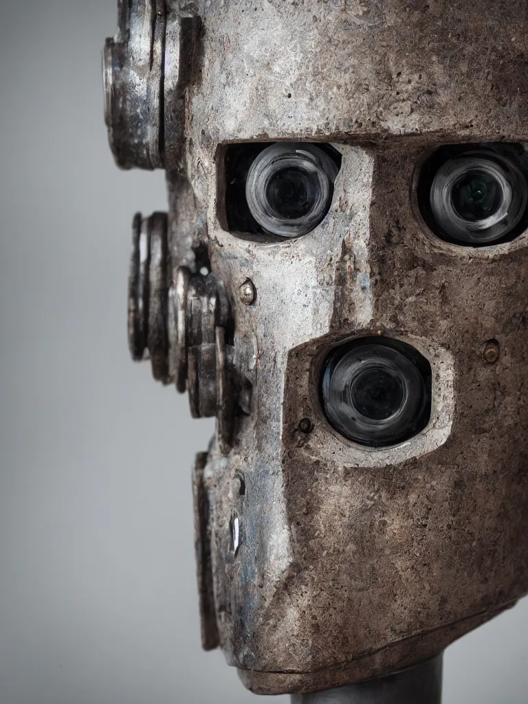 Prompt: closeup of a cyberpunk rustic robot head, sigma 55mm f/8