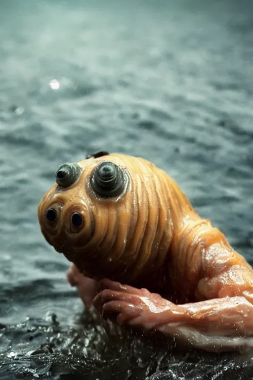 Image similar to a film still a tardigrade, close up face detail, muscular, drenched body, photography, wet dripping hair, emerging from the water