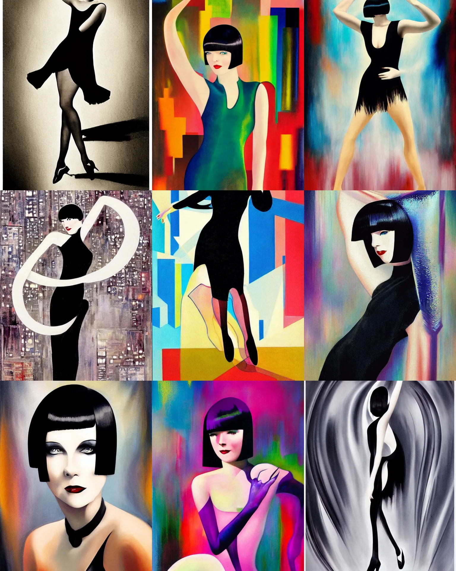 Image similar to full length portrait of 2 0 year old mary louise brooks dancing, shiny bob haircut, dramatic light, abstract art deco city background, air brush art, high contrast, sharp,, painted by ross tran 1 9 2 0 s