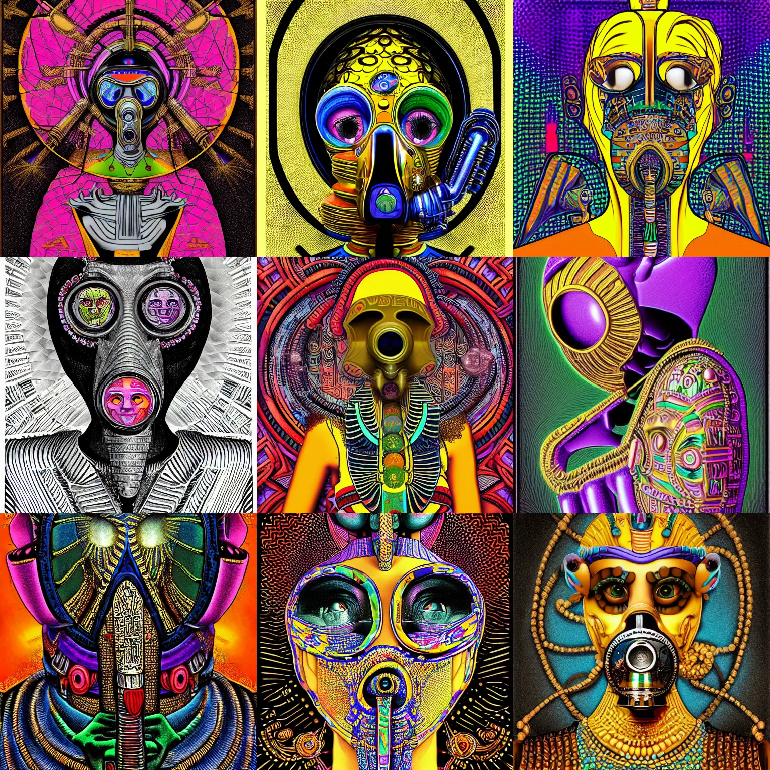 Prompt: a detailed portrait of a fashionable egyptian deity wearing an ornate cyberdelic gas mask in the style of escher and william blake and stephen gammell in the style of adorable dark fantasy, vivid colors, cmyk color scheme, low contrast, tilt shift, 8 k