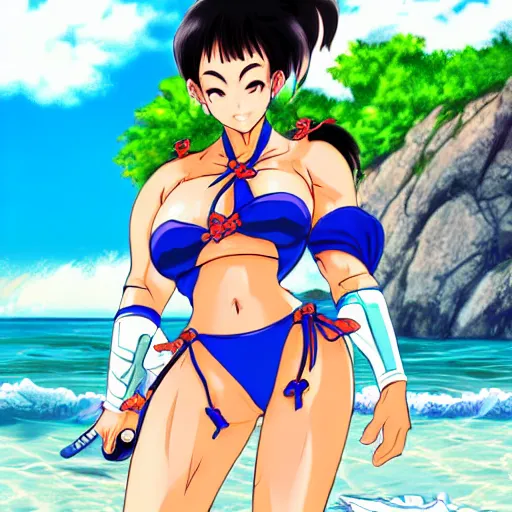 Prompt: chun li enjoying her holiday, wearing a bikini on the beach, sun dappled, anime, digital art, kazushi hagiwara, doax, tomonobu itagaki