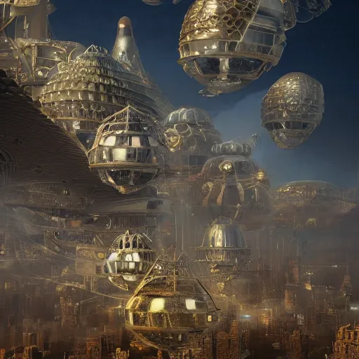 Image similar to enormous flying city in a faberge egg, sky, steampunk, fantasy art, masterpiece, hugh ferriss, octane render