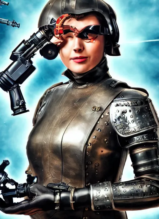 Prompt: a woman in leather armor holding a raygun blaster, vintage Raypunk painting, life like, intricate detail, 4K HD