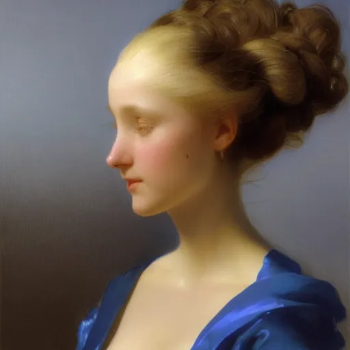 Image similar to a young woman's face, her hair is white and she wears a cobalt blue satin cloak, by ivan aivazovsky and syd mead and moebius and gaston bussiere and roger dean and pieter claesz and paul delaroche and alma tadema and aelbert cuyp and willem claesz, hyperrealistic, volumetric light, octane render