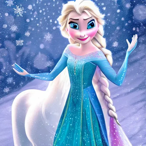 Prompt: Elsa from Frozen as real cute girl photorealistic style riding on snow unicorn