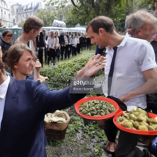 Image similar to barefoot macron, giving food to poor people, barefoot, french president, press photography