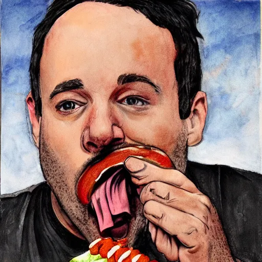 Image similar to highly detailed portrait of dave matthews eating a hotdog