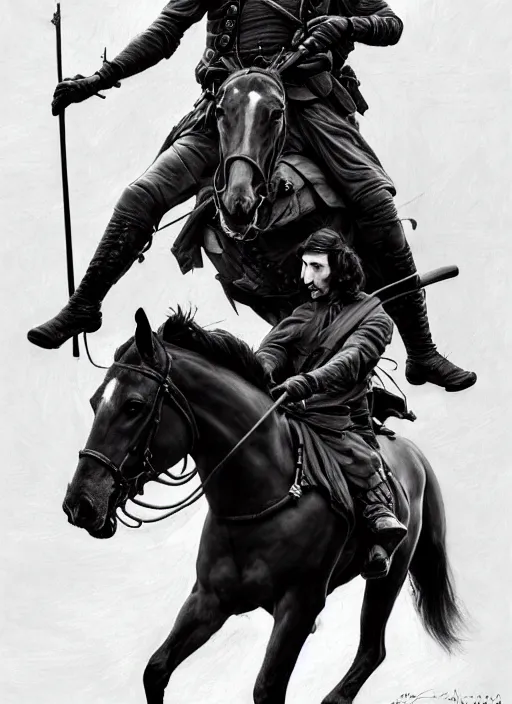 Image similar to painting of john oliver and adam driver together, riding horse, stoic, full body, military uniform, fantasy, intricate, elegant, beautiful, highly detailed, charcoal, centered, dark, smokey, digital painting, artstation, concept art, smooth, sharp focus, illustration, art by artgerm and greg rutkowski and alphonse mucha