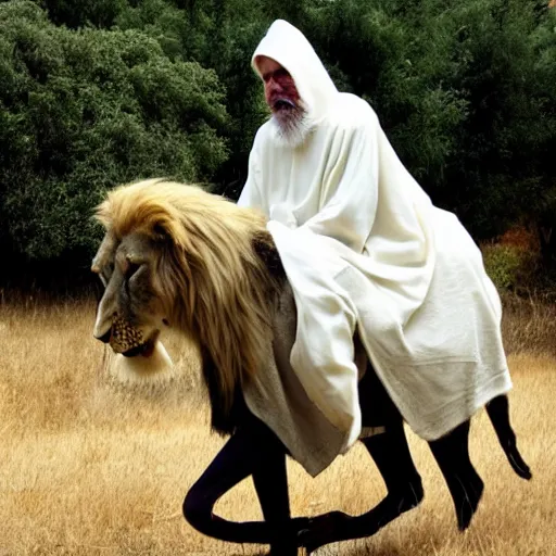 Image similar to old man ( wise long white beard wearing a hooded tunic ) riding on lions back