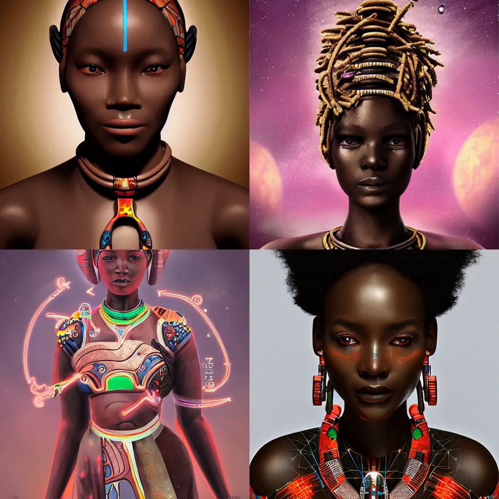 Prompt: beautiful afrofuturistic himba woman wearing otjize and a glowing spacesuit, robotic arms, weightless in space, hyperrealistic, scifi, concept art, digital art, portrait, dark, muted colors
