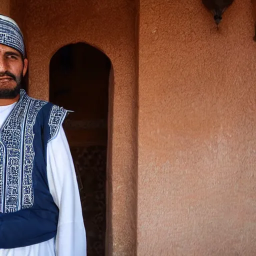 Prompt: a moroccan man looking down at his phone taking a selfie, serious face, not smiling, with a large double - chin showing