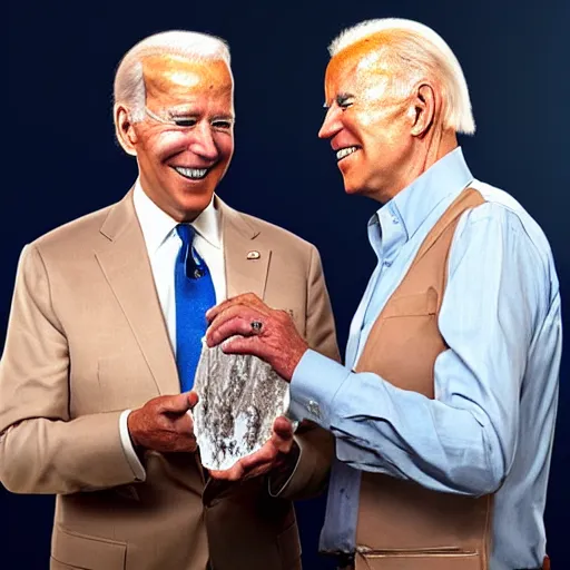 Prompt: UHD candid photo of Joe Biden and Hunter Biden holding up a giant quartz crystal, wearing clown makeup, UHD, photorealistic, correct face, photo by Annie Leibowitz