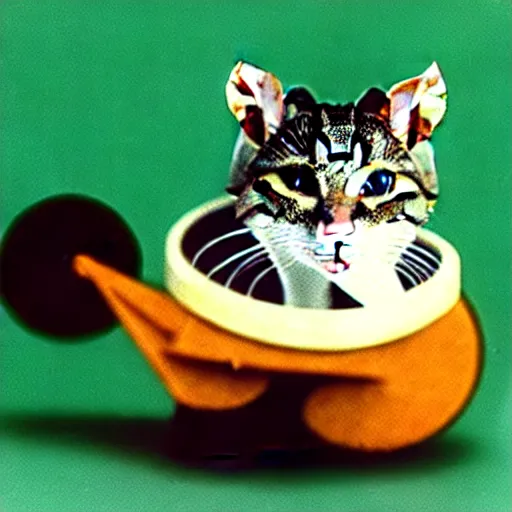 Image similar to a rat with a cat's head and a snail shell on its back, 1 9 7 0 s style
