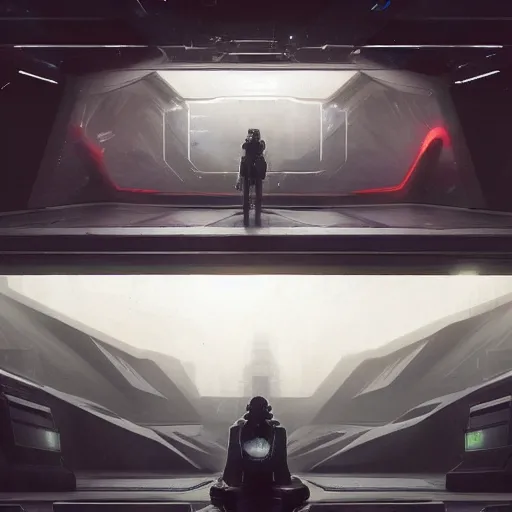 Image similar to scifi art by Greg Rutkowski, the ship's bridge deck, full of screens and holographic maps with a large window looking into space, functional and elegant look, but minimalist, and a bit dark and lonely, claustrophobic and futuristic environment, detailed and intricate environment, high technology, highly detailed portrait, digital painting, artstation, concept art, smooth, sharp foccus ilustration, Artstation HQ.