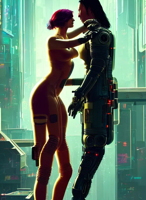 Image similar to a cyberpunk 2077 couple portrait of Keanu Reeves & female android in final kiss,love,film lighting,by Laurie Greasley,Lawrence Alma-Tadema,Dan Mumford,artstation,deviantart,FAN ART,full of color,Digital painting,face enhance,highly detailed,8K,octane,golden ratio,cinematic lighting