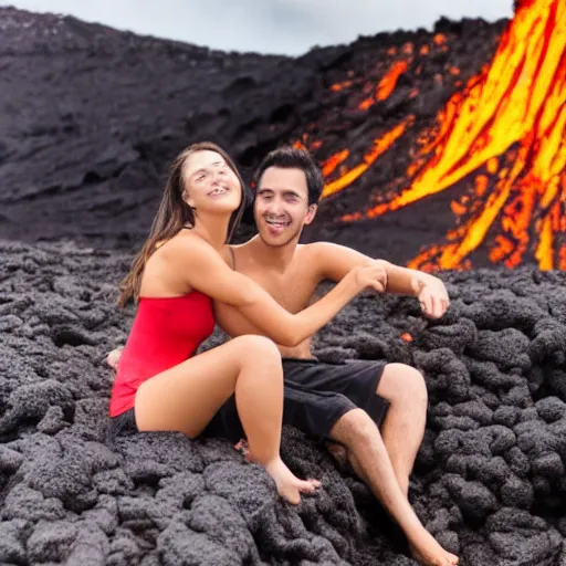 Prompt: young couple taking a bath in lava, volcanic eruptions in the background