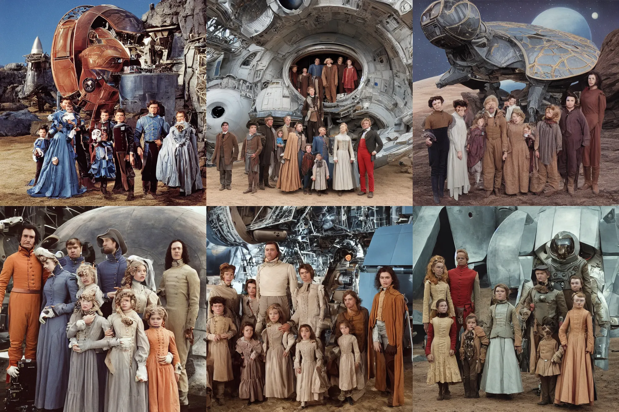 Prompt: highly detailed, 5128435456k film, 480mm film still from a sci fi blockbuster color movie made in 2019, set in 1860, of a family standing in front of a spaceship that has just landed on an alien planet, the family are all wearing 1860s era clothes, good lighting, good photography, ultra high definition