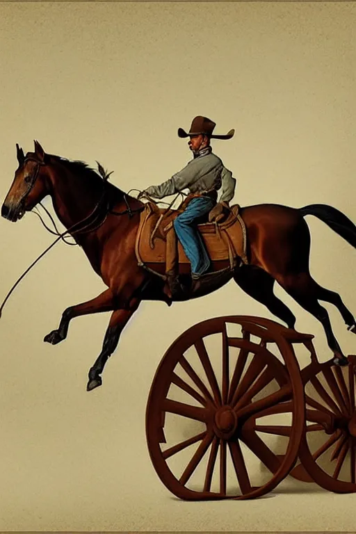 Image similar to a man riding a horse with wheels wagon!!!!!!!!!!!!!! by chris mcgrath and greg rutowski, muted colors, detailed