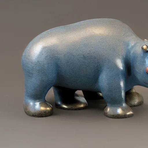 Prompt: small hippo statue, wood blocks bottom hippo body, blue chrome top hippo body, by a genius craftsman, highly detailed