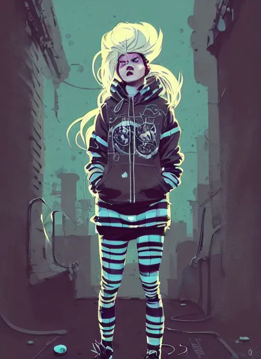 Prompt: highly detailed portrait of a sewer punk lady, tartan hoody, blonde ringlet hair by atey ghailan, by greg rutkowski, by greg tocchini, by james gilleard, by joe fenton, by kaethe butcher, gradient blue, black, blonde cream and white color scheme, grunge aesthetic!!! ( ( graffiti tag wall background ) )