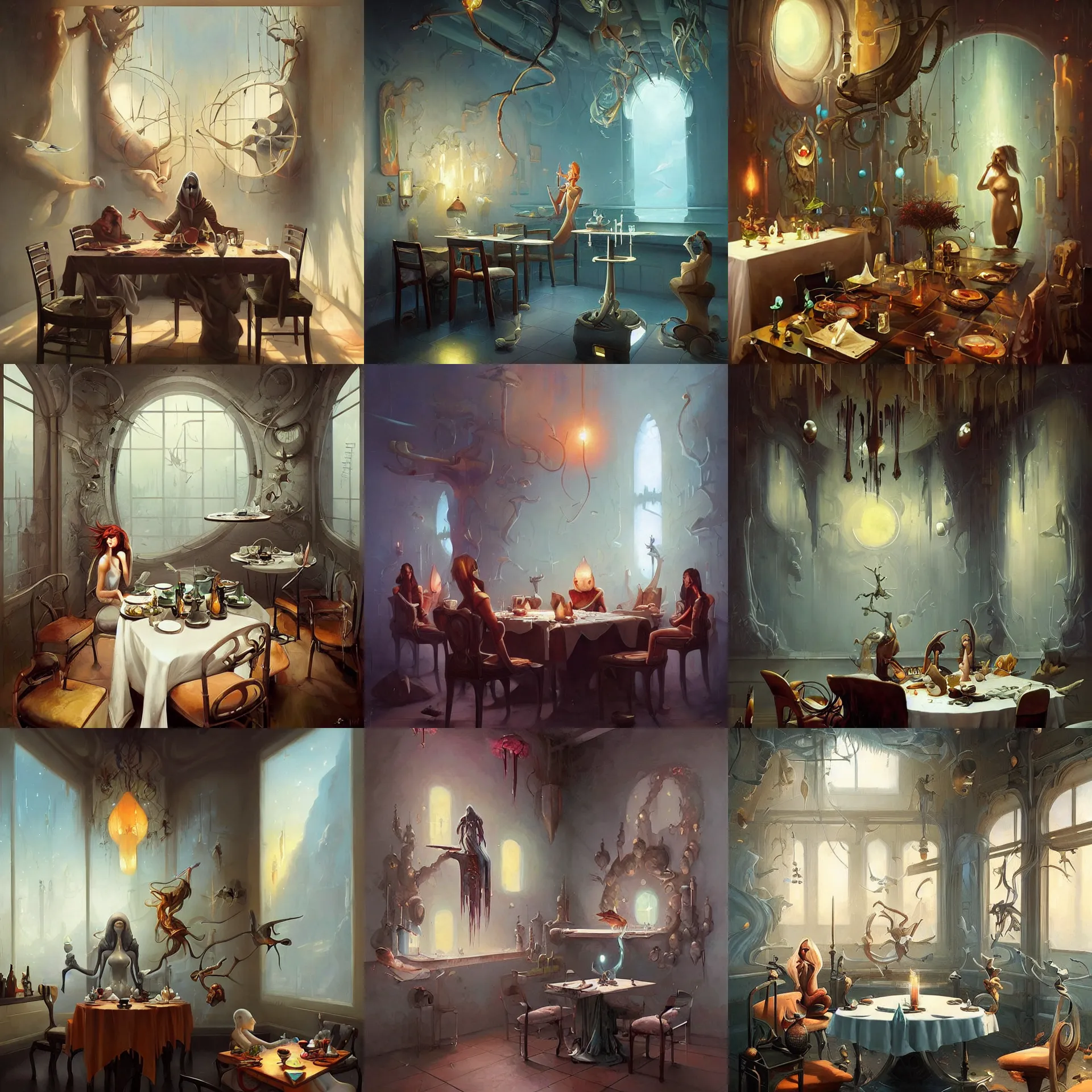 Prompt: a serene and tranquil dining room, masterpiece, peter mohrbacher, rhads!!!, magical realism, urban fantasy, ( h. r. giger )