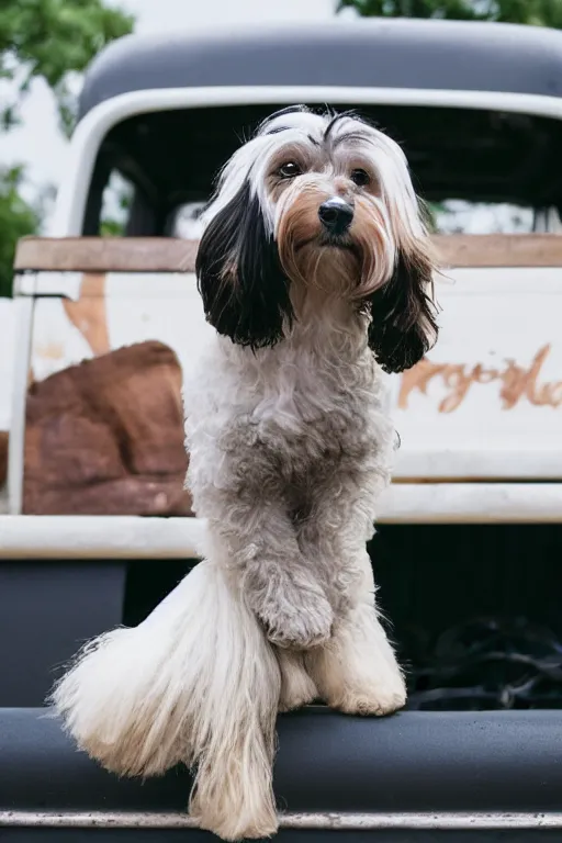 Prompt: “a Havanese dog with a ponytail and wearing cowboy boots, sitting on the back of a vintage Ford pick-up truck” 20 mm photo, Leica, F4”