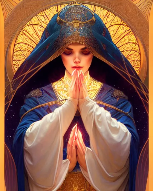 Image similar to symmetry portrait of brunette princess, glam, cleric, fireflies, holy temple background, intricate, elegant, highly detailed, digital painting, artstation, concept art, smooth, sharp focus, illustration, art by artgerm and greg rutkowski and fra angelico and alphons mucha