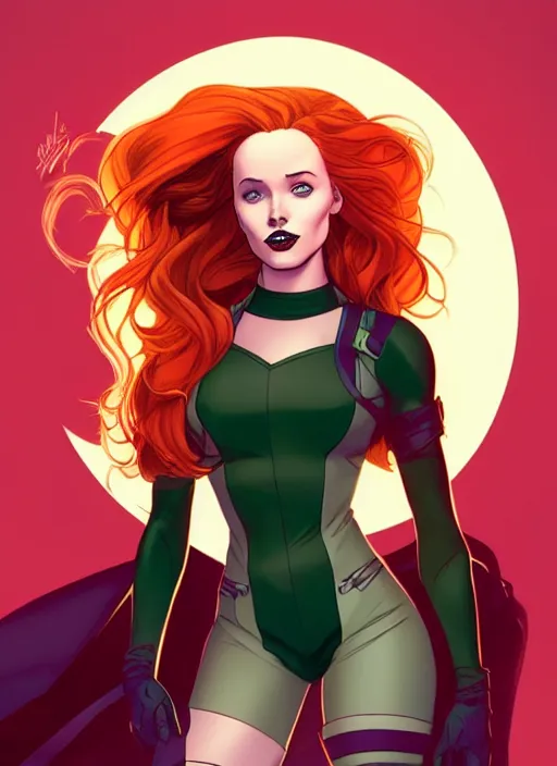 Image similar to Rafeal Albuquerque comic art, Joshua Middleton comic art, cinematics lighting, sunset colors, pretty female Madelaine Petsch Rogue x-men marvel, big smirk, symmetrical face, symmetrical eyes, long red hair and white hair, with white streak in hair, full body, flying in the air, sunset