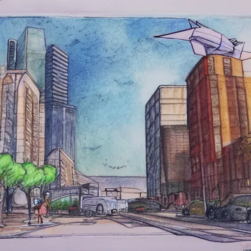 Prompt: a pencil and watercolor drawing of a bright city in the future with flying cars