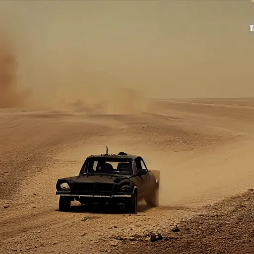 Prompt: A black car Yugo Koral 45 produced by Zastava is speeding through the post-apocalyptic dessert wasteland towards the camera, in the background a huge sand storm is raging, a movie still from Mad Max: Fury Road (2015), three-quarter shot from high angle, Oscar winning cinematography, 4k