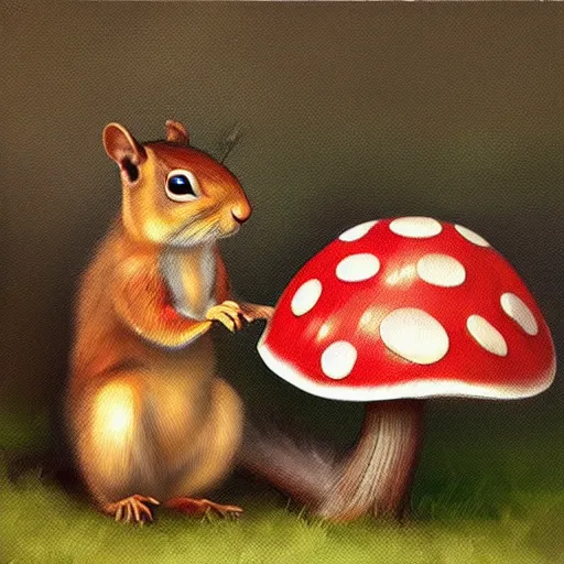 Prompt: a squirrel hiding from the rain under a mushroom, artstationhq, trending on artstation, oil painting by alexander roslin