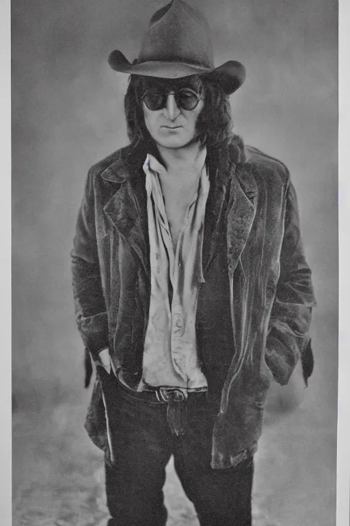 Image similar to john lennon, outlaw, full body, symmetrical features, silver iodide, 1 8 8 0 photograph, sepia tone, aged paper, sergio leone, master prime lenses, cinematic