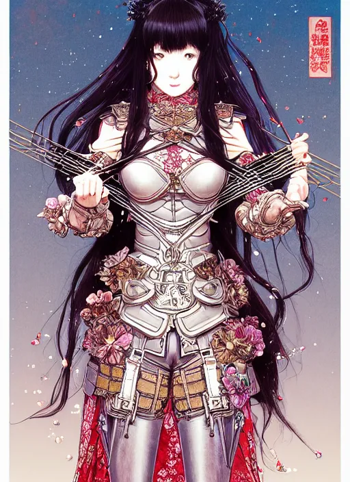 Image similar to highly detailed artgerm artstation minaba hideo fantastic fate katsuhiro otomo manga poster of dressed princess mechine, minaba hideo, long hair, armor, laces, ruffles, 8 k, fluorescent, maximalist, jump comics, art nouveau, takato yamamoto