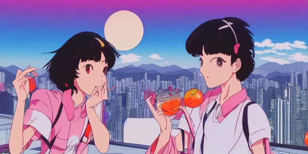 Image similar to girl smoking at rooftop overlooking hong kong, sprite, vaporwave nostalgia, directed by beat takeshi, visual novel cg, 8 0 s anime vibe, kimagure orange road, maison ikkoku, sketch by osamu tezuka, directed by makoto shinkai and beat takeshi