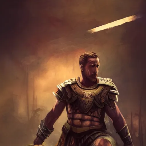 Image similar to Illustration of Ryan Gosling as a spartan hoplite hero, dark atmosphere, angry look, gta 5 cover style, highly detailed, digital painting, Trending on artstation , HD quality, by Glenn Rane and Samwise Didier, dramatic light, octane