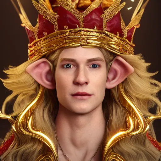 Prompt: beautiful elf king with long flowing blonde hair wearing elaborate robes and a gold filigree crown covered in jewels eating a baconator at Wendy's, hyperrealistic, cinematic lighting, octane render, 8K HD, fantasy concept art, professional 3D render, popular on artstation