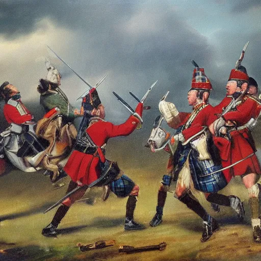 Prompt: Jacobite scottish soldiers charging at british redcoats detailed oil painting