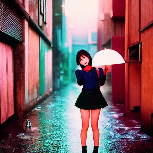 Image similar to 1990s perfect 8K HD professional cinematic photo of close-up japanese schoolgirl posing in dystopian alleyway with neon signs, at evening during rain, at instagram, Behance, Adobe Lightroom, with instagram filters, depth of field, taken with polaroid kodak portra