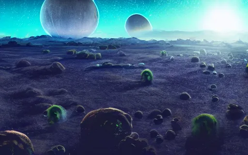 Image similar to Alien planet with weird unknown plants, POV looking far in the distance, other moons are faintly visible in the sky, landscape photography 4k