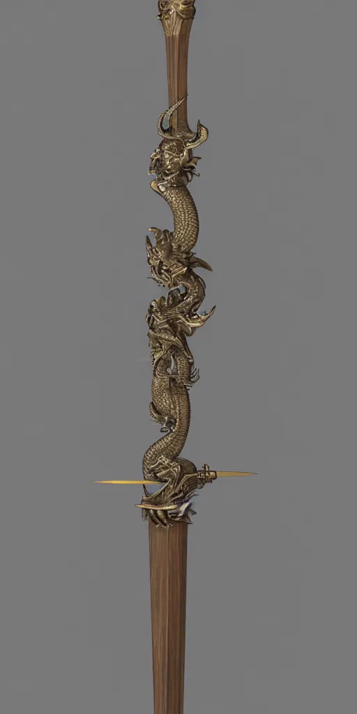 Prompt: a 3d model of a long sword, positioned vertically in the center, with dragon like handle