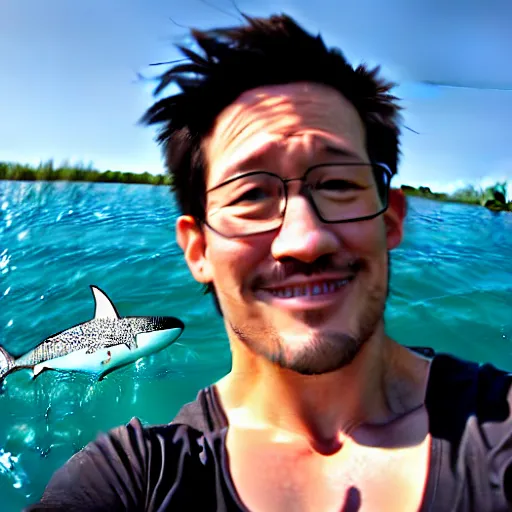 Image similar to markiplier with shark fins