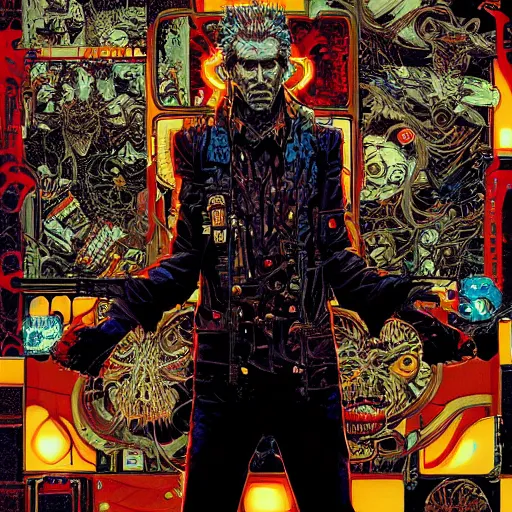 Image similar to portrait of crazy rick deckard, symmetrical, by yoichi hatakenaka, masamune shirow, josan gonzales and dan mumford, ayami kojima, takato yamamoto, barclay shaw, karol bak, yukito kishiro