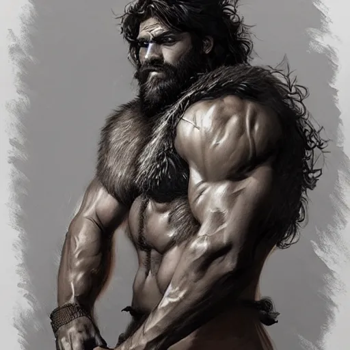 Image similar to portrait of a young rugged male barbarian, handsome, upper body, hairy torso!!!, D&D, muscular, fantasy, intricate, elegant, highly detailed, digital painting, artstation, concept art, smooth, sharp focus, illustration, art by artgerm and greg rutkowski and alphonse mucha