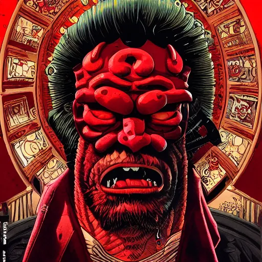 Prompt: portrait of crazy hellboy, symmetrical, by yoichi hatakenaka, masamune shirow, josan gonzales and dan mumford, ayami kojima, takato yamamoto, barclay shaw, karol bak, yukito kishiro