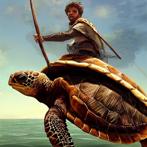 Image similar to man riding sea turtle with a spear, geog darrow greg rutkowski