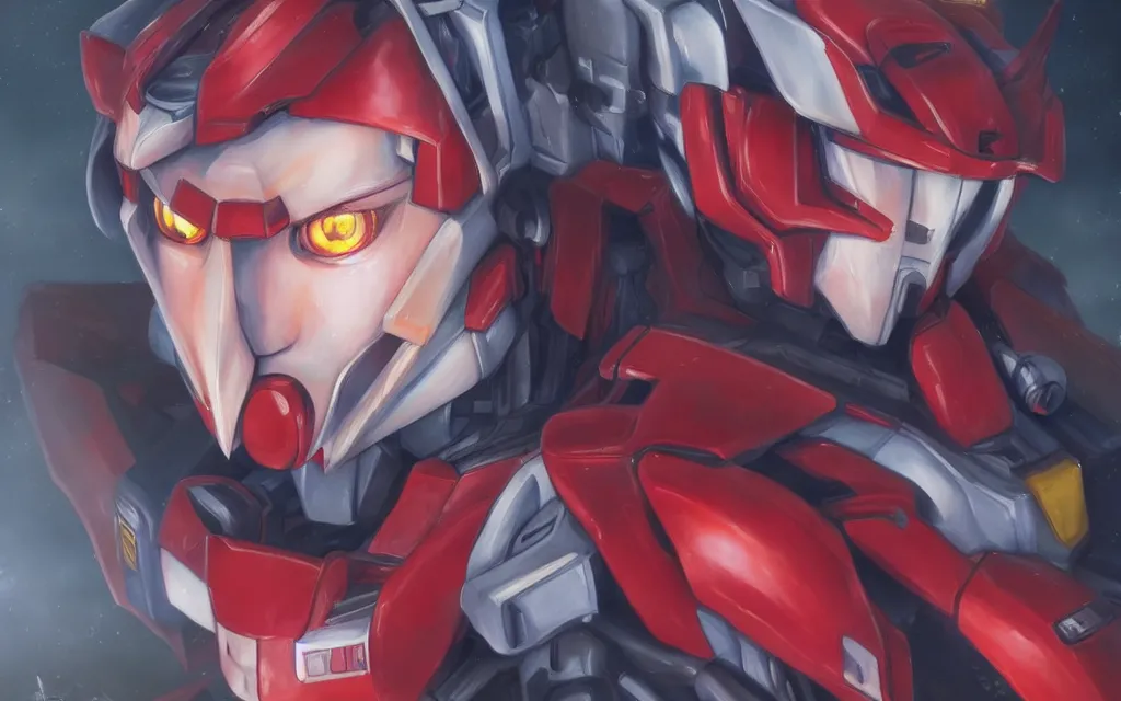 Image similar to A realistic anime portrait of a Gundam with glowing red eyes, digital painting, by Stanley Artgerm Lau, Sakimichan, WLOP and Rossdraws, digtial painting, trending on ArtStation, SFW version