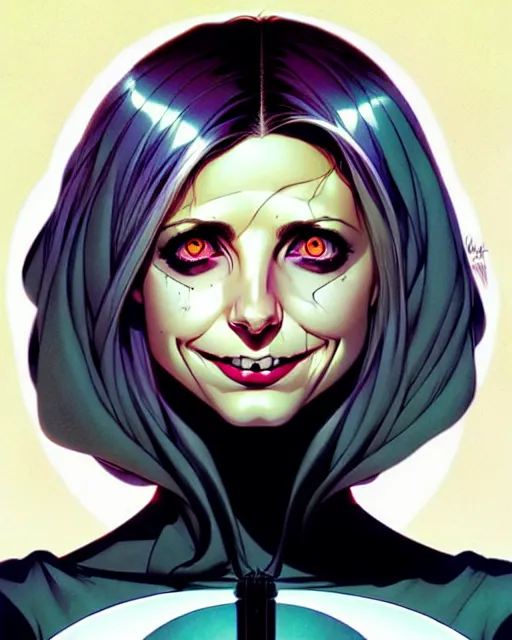 Prompt: artgerm, joshua middleton comic cover art, pretty ghost sarah michelle gellar full body, creepy smile, friendly, symmetrical eyes, symmetrical face, long white hair, inside haunted house