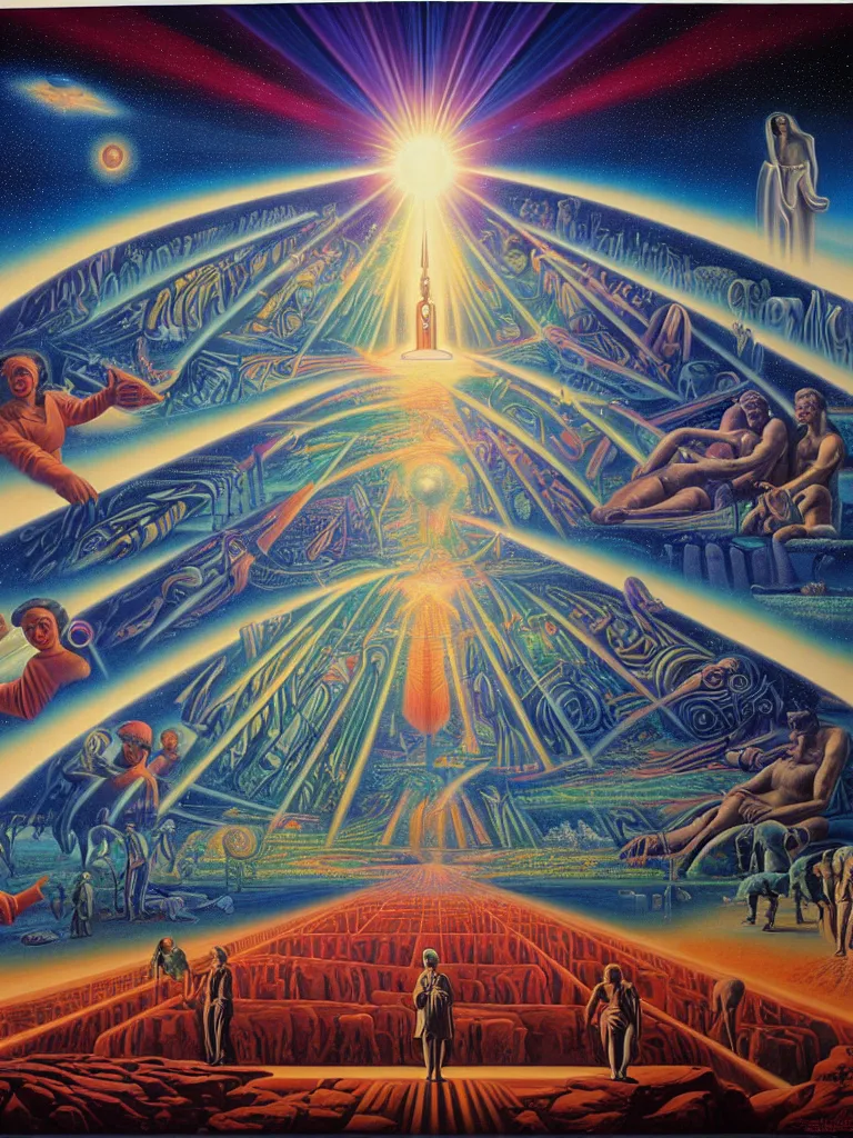 Image similar to a beautiful future for human evolution, spiritual science, divinity, utopian, by david a. hardy, wpa, public works mural, socialist