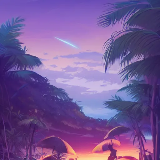 Image similar to beach with jungle in the background, purple sky with planets above, official fanart behance hd artstation by jesper ejsing, by rhads, makoto shinkai and lois van baarle, ilya kuvshinov, ossdraws